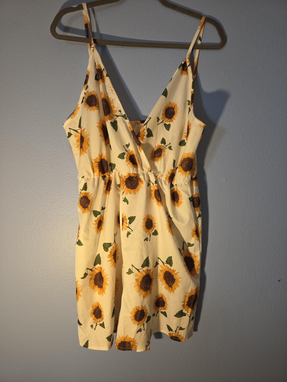Sunflower Print Cream Romper with Spaghetti Straps